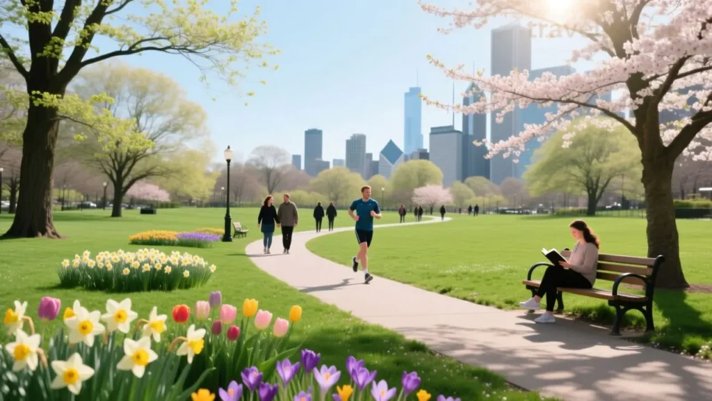 Chicago city park in spring with green trees and flowers