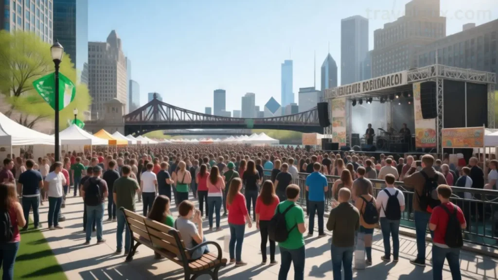 Outdoor summer festival in Chicago with live music and crowds