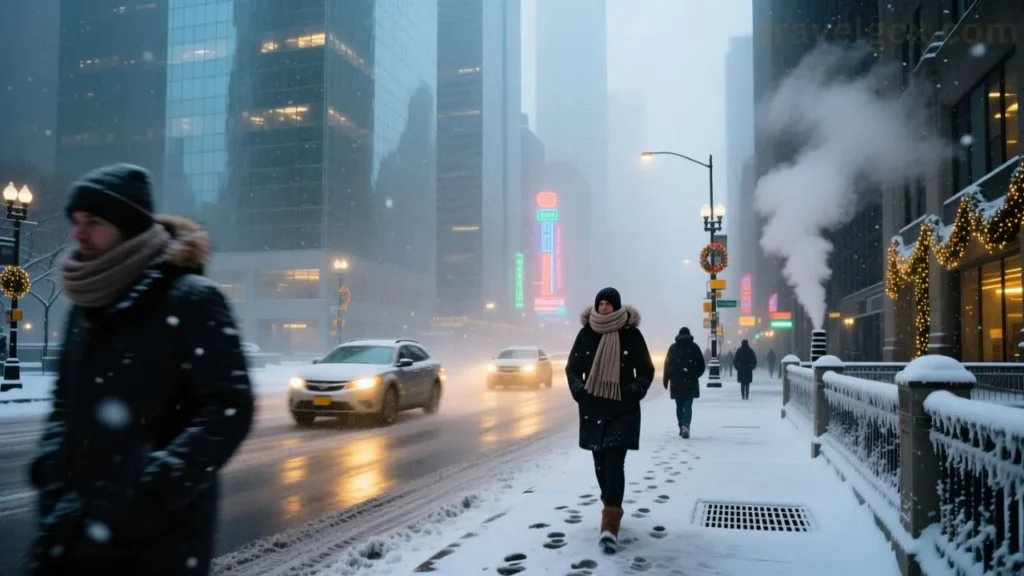 Downtown Chicago streets covered in snow during winter