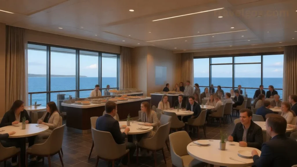 Buffet restaurant with sea views inside a modern passenger ferry