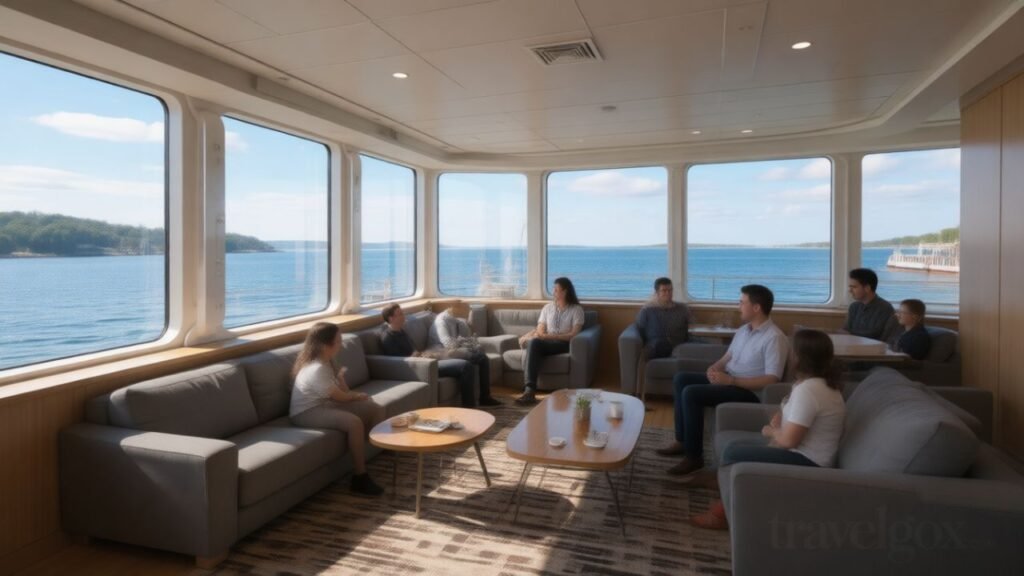 Passengers relaxing in a modern ferry lounge with large sea-view windows