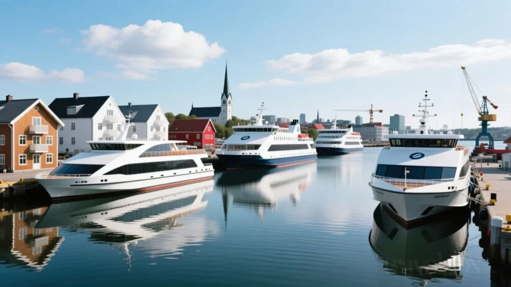Several modern passenger ferries docked at a Baltic Sea harbor