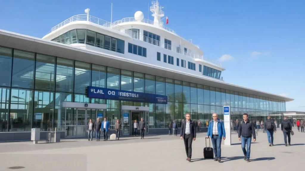 Passengers arriving at a modern ferry terminal with luggage