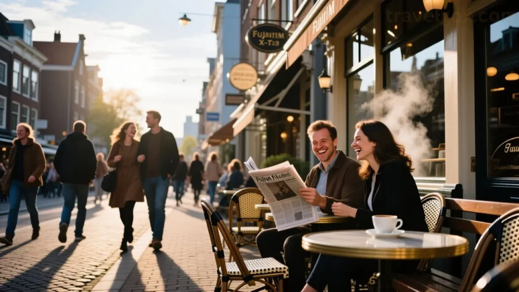 Lively street scene in central Rotterdam with cafés and locals