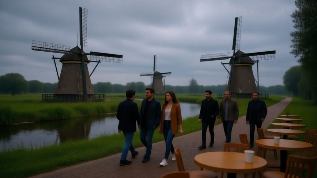 Traditional Dutch windmills at Kinderdijk near water canals