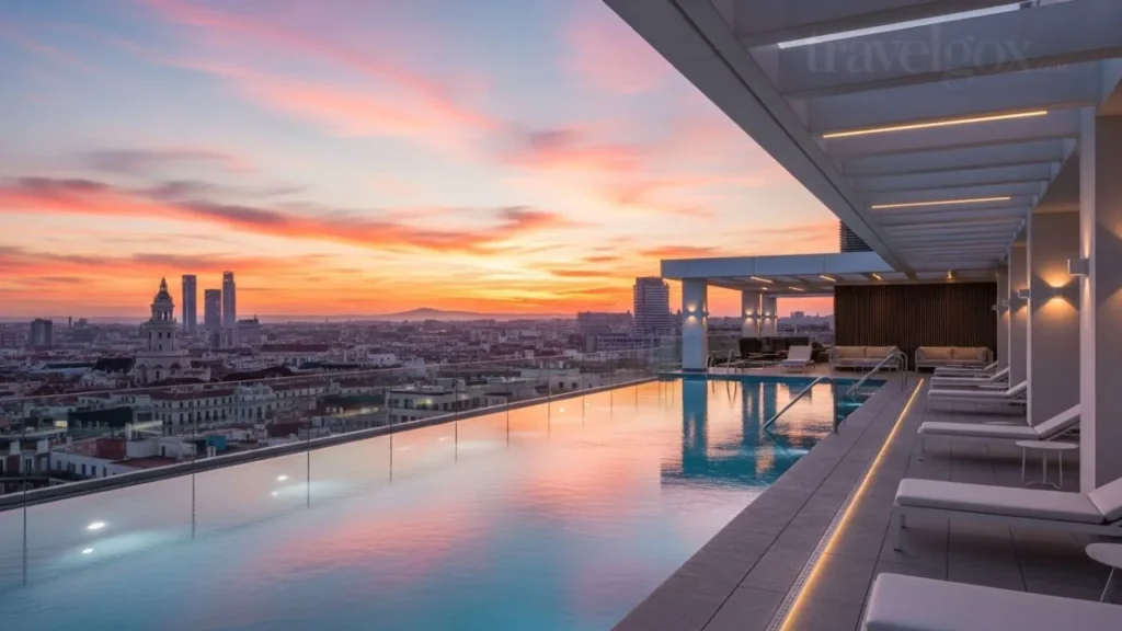 Rooftop pool with skyline view at a luxury hotel”