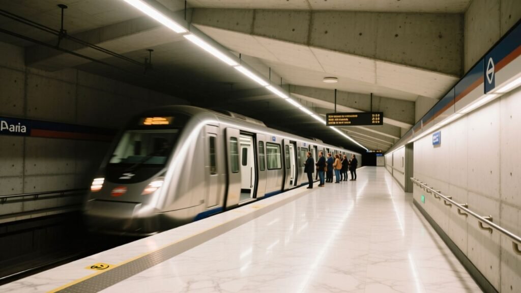 Metro train arriving at a clean station in Madrid