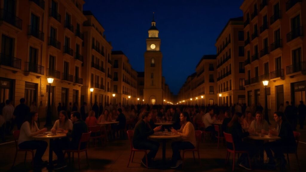 Crowded tapas street at night with warm lights