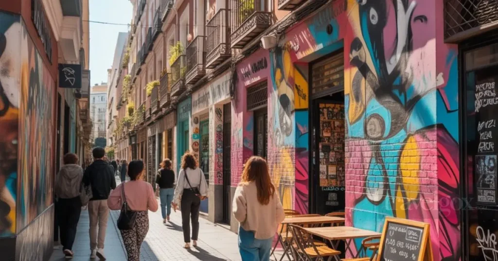 Colorful street art and cafés in Malasaña neighborhood