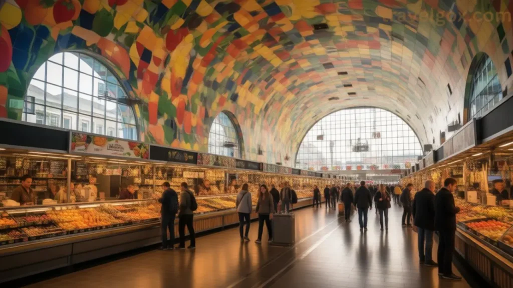 Interior of Markthal with colorful ceiling art and food stalls