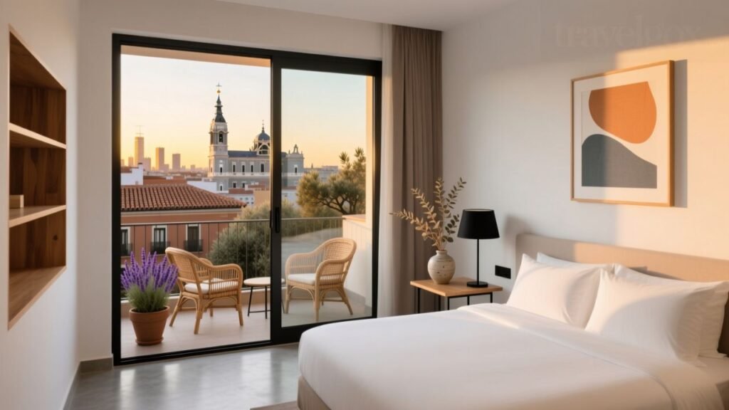 Bright, modern mid-range hotel room with city view
