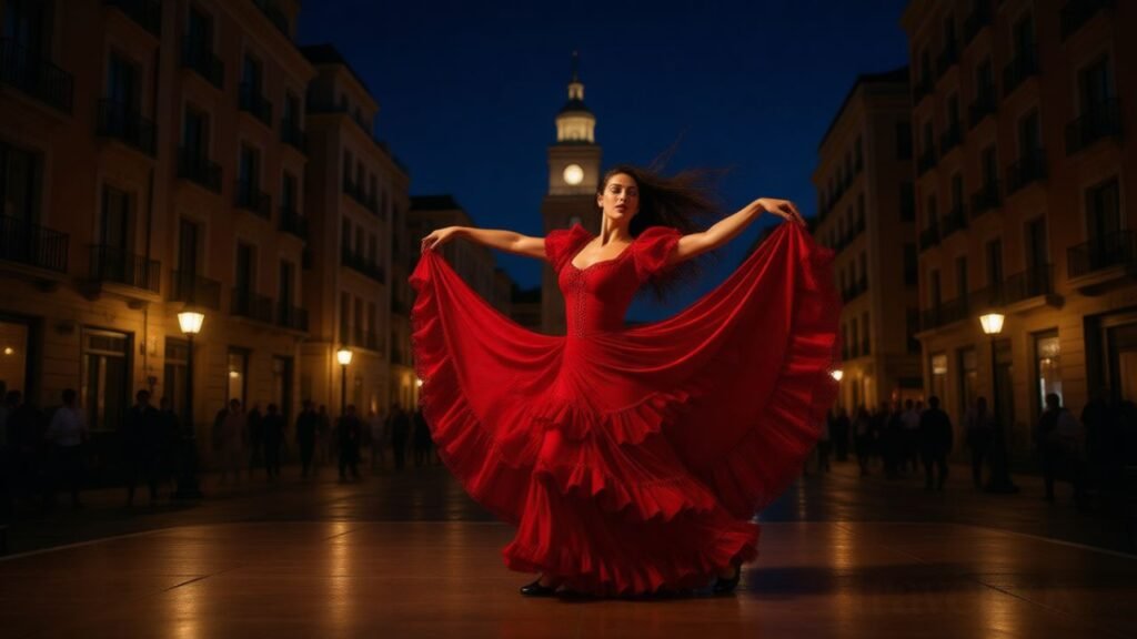 Flamenco dancers performing on stage, vibrant red dress