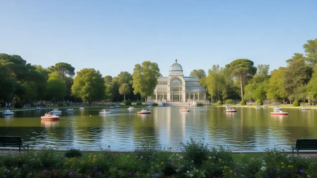 Lake and Crystal Palace at Retiro Park, surrounded by gardens