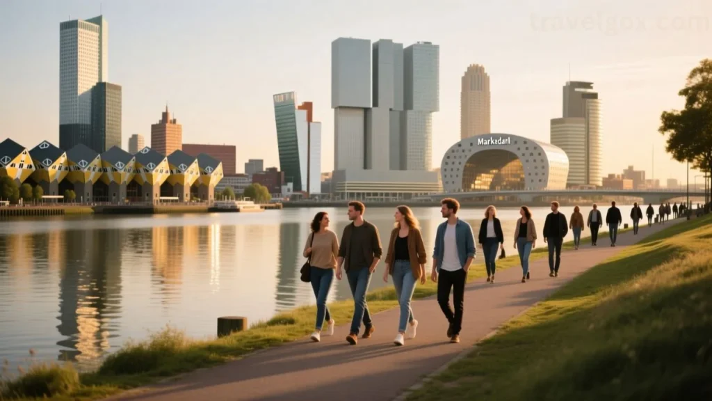 People walking along the Maas River with city views
