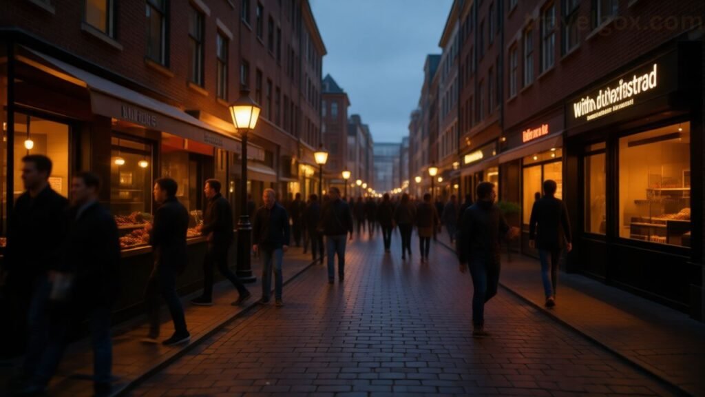 Busy nightlife street with cafés and galleries in Rotterdam