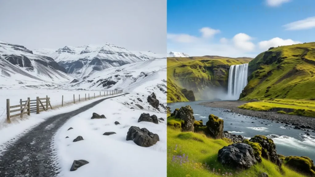 Summer and winter views of the Icelandic landscape