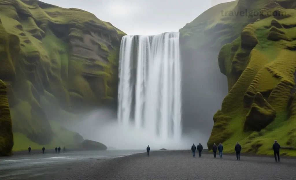 Glacier and waterfall in Iceland surrounded by moss