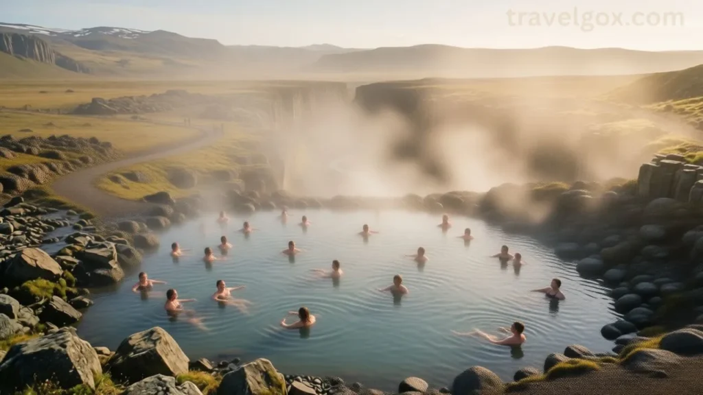 People relaxing in a geothermal hot spring