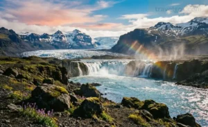 Scenic Iceland landscape with glaciers and waterfalls
