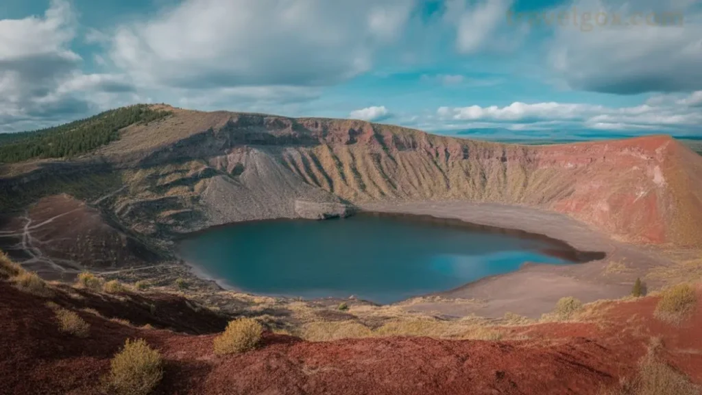 Kerid crater lake with red volcanic slopes