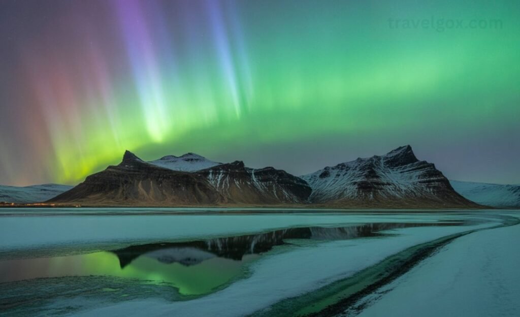 Northern lights Iceland in night sky over mountains