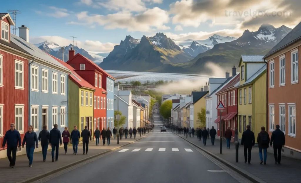 Reykjavik city streets and mountains in Iceland