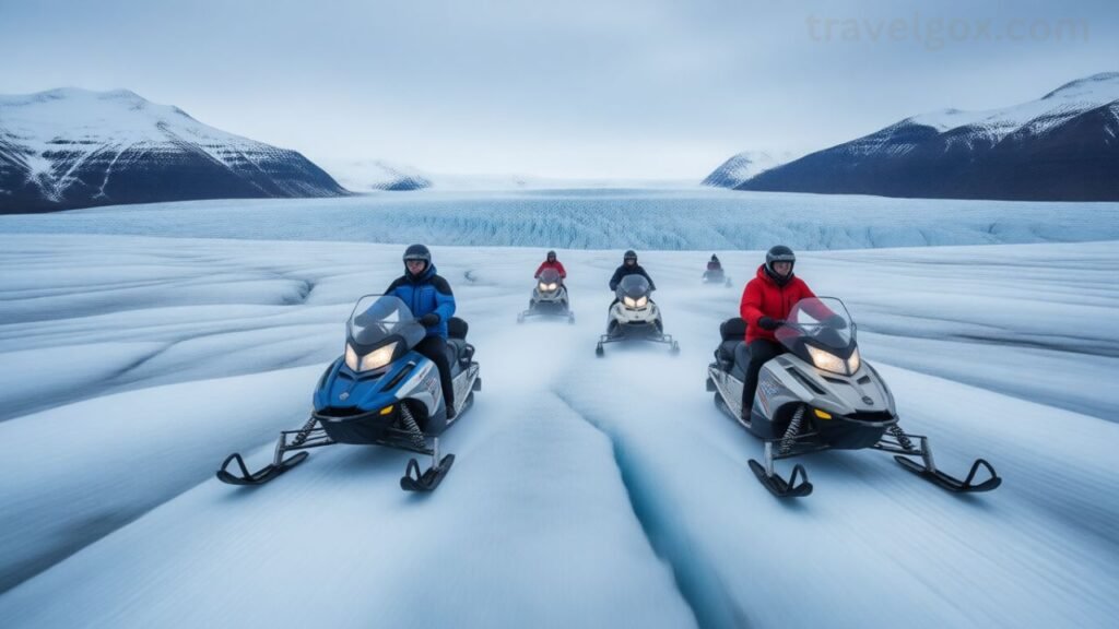 People riding snowmobiles on Iceland glacier