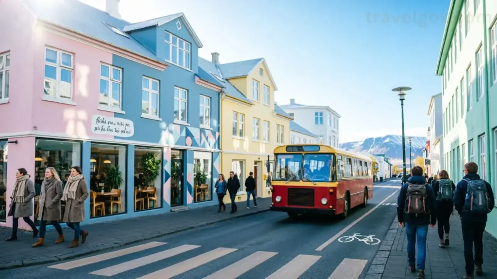 Streets of downtown Reykjavik with shops and cafes