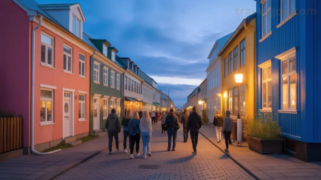 Rainbow Street Reykjavik in the evening